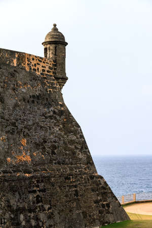 Beautiful view of the large outer wall with sentry box of fort San Cristobal in San Juan, Puerto Ricoのeditorial素材