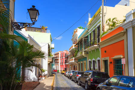 Beautiful typical traditional vibrant street in San Juan, Puerto Ricoのeditorial素材