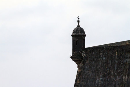 Beautiful sentry box (guerite) at fort San Felipe Del Morro in San Juan, Puerto Rico, with a pelican sitting on topの写真素材