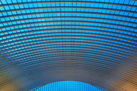 Beautiful abstract view of the interior of the modern architecture railway station Liege-Guillemins with steel shapes and lines in the blue hour in Belgiumのeditorial素材