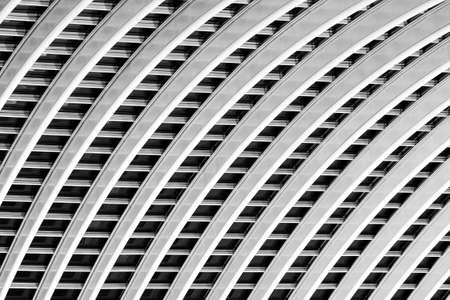 Beautiful abstract view of the interior of the modern architecture railway station Liege-Guillemins with steel shapes and lines in Belgiumの写真素材