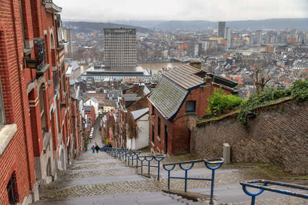 Beautiful cityscape of the 374-step long staircase Montagne de Bueren, a popular landmark and tourist attraction in Liege, Belgiumのeditorial素材