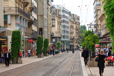 Beautiful cityscape of downtown Geneva, Switzerland, with people shopping in the historic city center district on July 28, 2014のeditorial素材