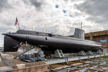 The Daphné class French submarine Flore at the Keroman Submarine Base, a WWII German U-boat facility, in Lorient, Franceのeditorial素材