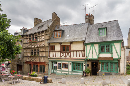 Beautiful cityscape of the ancient traditional houses with wooden beams in Saint-Brieuc, in the Côtes-d'Armor department in Brittany, Franceのeditorial素材