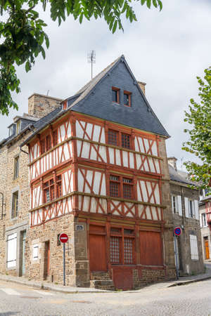Beautiful cityscape of an ancient traditional house with wooden beams in Saint-Brieuc, in the Côtes-d'Armor department in Brittany, Franceのeditorial素材