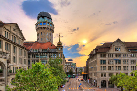 Beautiful cityscape looking towards the Urania Sternwarte observatory telescope in Zurich,...