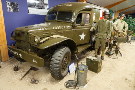 Beautiful view of WWII equipment (USA Ambulance) in the museum Musee Memorial d'Omaha Beach, in...