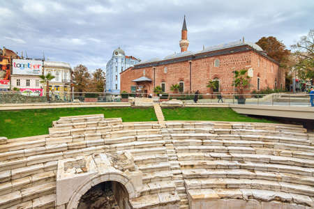 Beautiful cityscape of Plovdiv, Bulgaria, with the sfendona of the Roman Stadium of Philipopolis and the ancient Ottoman Dzhumaya Mosque, on October 27, 2014のeditorial素材