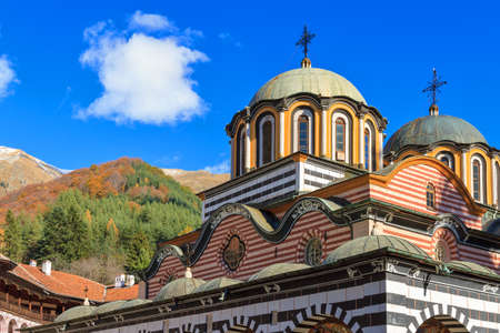 Beautiful view of the Orthodox Rila Monastery, a famous tourist attraction and cultural heritage monument in the Rila Nature Park mountains in Bulgariaの写真素材