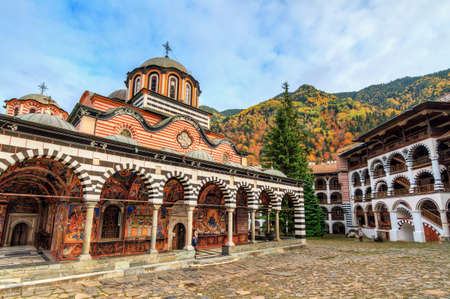 Beautiful view of the Orthodox Rila Monastery, a famous tourist attraction and cultural heritage monument in the Rila Nature Park mountains in Bulgariaの写真素材