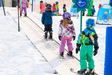Group of young children is having skiing lessons for the first time in the Alps in the Brandnertal, Vorarlberg Austria, on January 19, 2015のeditorial素材
