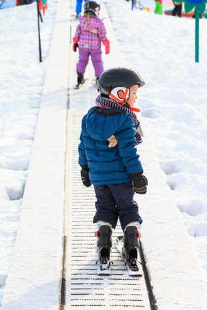 Young boy is having skiing lessons for the first time in the Alps in the Brandnertal, Vorarlberg Austria, on January 19, 2015のeditorial素材
