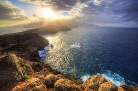 Beautiful landscape view of the island Madeira at sunset from Ponta do Rosto at the Ponta do Sao Lourenco nature reserveの写真素材