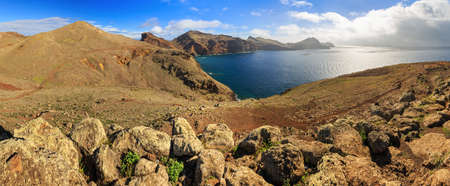 Beautiful 180 degree panoramic landscape panorama of the island Madeira from Ponta de Sao Lourenco nature reserveの写真素材