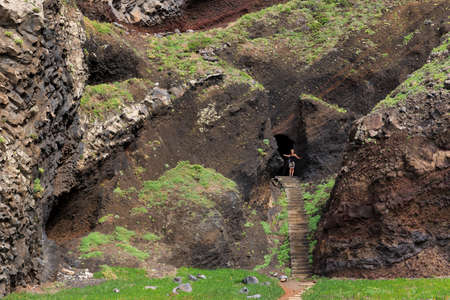 Senior tourist on a beautiful hiking path on the north coast of Madeira at Ribeira da Janelaの写真素材