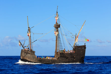 Beautiful view of tourists on the Santa Maria of Columbus replica, sailing around Madeira island, a popular tourist attraction in summer, on October 11, 2015のeditorial素材