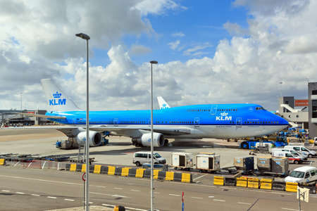 KLM Boeing 747-400 airplane ready for boarding at Schiphol Airport, The Netherlands, on July 29, 2015のeditorial素材