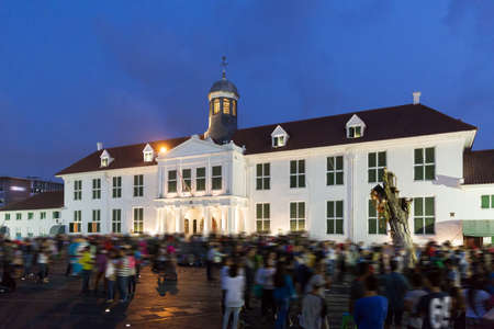 Beautiful view of the Jakarta History Museum on Fatahillah Square, Batavia, Jakarta, Indonesia, in the blue hour after sunsetのeditorial素材