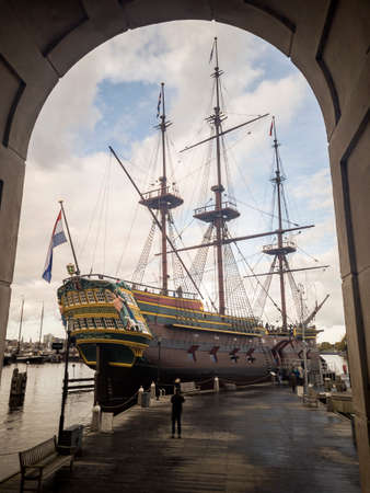 Replica of the East Indiaman ship Amsterdam, at the National Maritime Museum in Amsterdam, the Netherlands, on November 6, 2019のeditorial素材