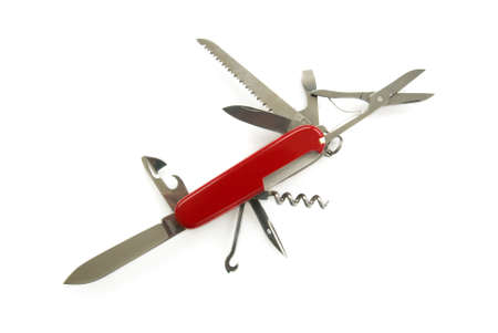 multifunctional red penknife isolated over white backgroundの写真素材