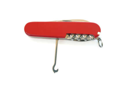 red multifunctional pocket knife isolated over whiteの写真素材