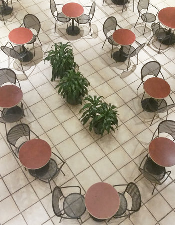 Empty chairs in fastfood restaurant concept, top view.の写真素材