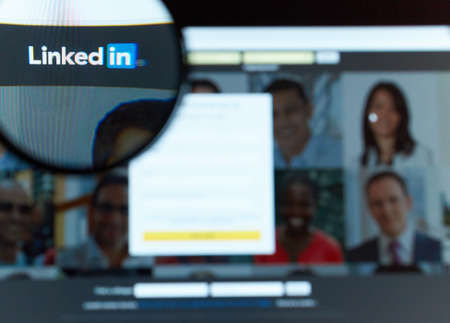 Montreal, Canada - February 2016 - LinkedIn website picture taken under a magnifying glass. Linkedin is a professional and business-oriented social networking service.のeditorial素材