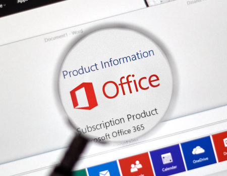 MONTREAL, CANADA - FEBRUARY, 2016 - Microsoft Office 365 on the web under magnifying glass.