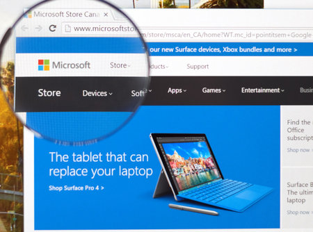 MONTREAL, CANADA - FEBRUARY, 2016 - Microsoft store on the web under magnifying glass.
