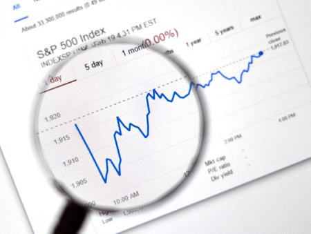 MONTREAL, CANADA - FEBRUARY, 2016 - S and P 500 stock market index on web page under magnifying glass.のeditorial素材
