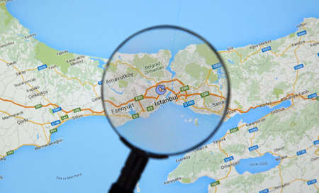 MONTREAL, CANADA - MARCH, 2016 -  Istanbul on Google Maps under magnifying glass. Istanbul is capital of Turkey.のeditorial素材