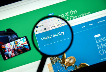 MONTREAL, CANADA - MARCH 25, 2016 - Morgan Stanley internet page under magnifying glass.のeditorial素材