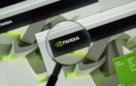 MONTREAL, CANADA - MARCH 25, 2016 - Nvidia internet page under magnifying glass. NVIDIA Corporation is an American technology company.のeditorial素材