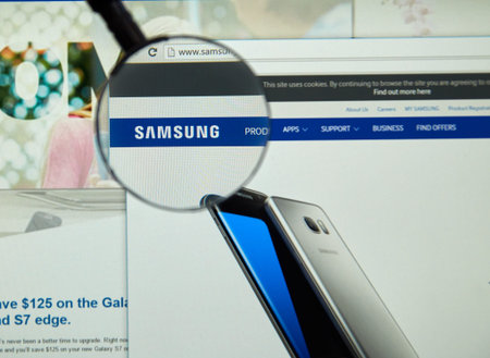 MONTREAL, CANADA - MARCH 25, 2016 - Samsung internet page under magnifying glass. Samsung is a South...