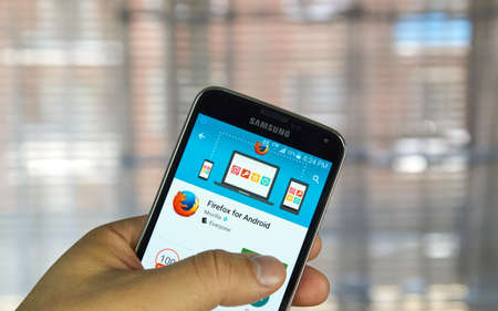 MONTREAL, CANADA - MARCH 20, 2016 - Firefox browser application on android cell smartphone. Firefox is a free and open-source web browser developed by the Mozilla Foundation.のeditorial素材