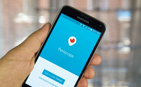 MONTREAL, CANADA - APRIL 7, 2016 : Periscope application on a cell phone. Periscope is a live video streaming app for iOS and Android developed by Kayvon Beykpour and Joe Bernstein.のeditorial素材
