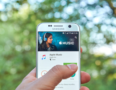 MONTREAL, CANADA - MAY 23, 2016 : Apple Music android application on Samsung S7 screen. Apple Music...