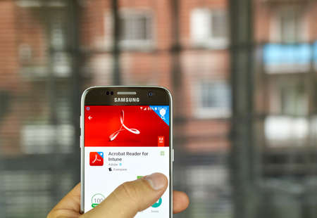 MONTREAL, CANADA - JULY, 2016 : Acrobat Reader for Intune on Samsung s7 screen. Adobe Acrobat Reader for Microsoft Intune is for opening, viewing and working with PDFs in a Intune managed environmentのeditorial素材