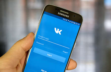 MONTREAL, CANADA - JULY 30, 2017: Vkontakte Login screen on Samsung S7 screen. VK is the largest European online social media and social networking service.のeditorial素材
