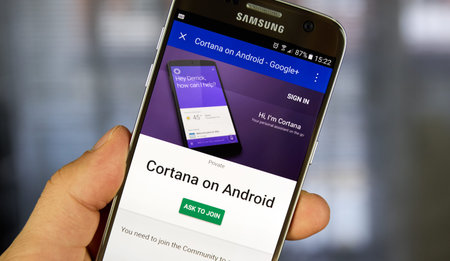MONTREAL, CANADA - JULY 30, 2017 : Cortana app on Android cell phone. Cortana is an intelligent...