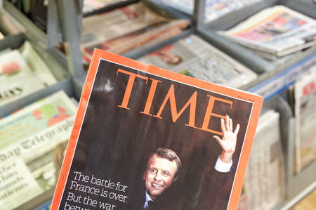 LONDON, ENGLAND - MAY 14, 2017 : Emmanuel Macron on cover page of Time magazine. Time is an American weekly news magazine published in New York City.のeditorial素材