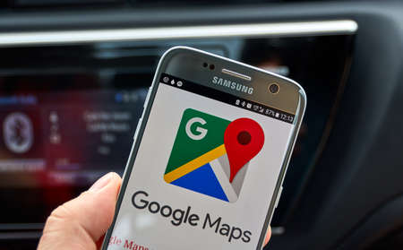 MONTREAL, CANADA - AUGUST 23, 2017 : Google Maps mobile app and logo. Google is an American multinational technology company that specializes in Internet-related services and products.のeditorial素材