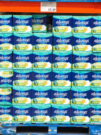 MONTREAL, CANADA - AUGUST 25, 2017 : Always ultra thin pads in costco. Always is a brand of feminine hygiene products, ultra thin pads, pantiliners, and feminine wipes, produced by Procter Gamble.のeditorial素材