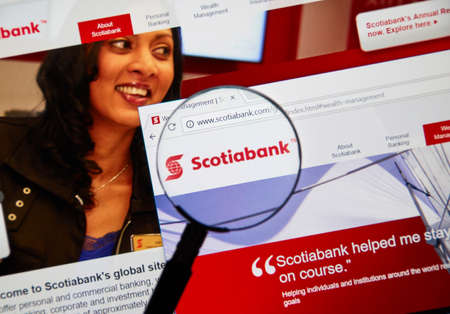 MONTREAL, CANADA - OCTOBER 12, 2017: Web page of Canadian bank Scotiabank. The Bank of Nova Scotia operating as Scotiabank French: Banque Scotia, is a Canadian multinational bank.のeditorial素材