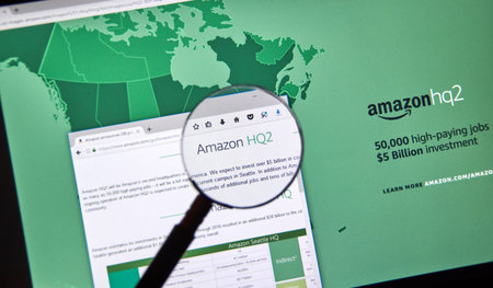 MONTREAL, CANADA - OCTOBER 24, 2017: Amazon second headquarter description and map on official...