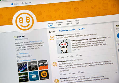 MONTREAL, CANADA - DECEMBER 7, 2017: Nicehash security breach press release on Twitter. NiceHash is a crypto-mining marketplace that connects sellers of hashing power with buyers of hashing powerのeditorial素材