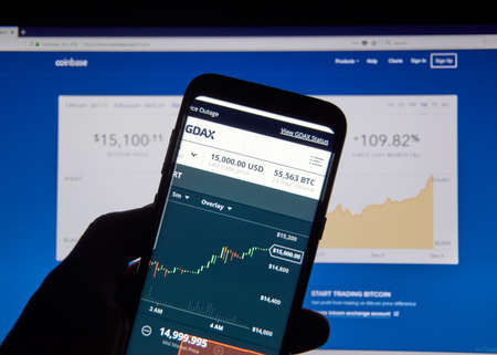 MONTREAL, CANADA - DECEMBER 7, 2017: Bitcoin USD price on Coinbase android app GDAX. GDAX is a trading platform and a service provided by Coinbase, Incのeditorial素材