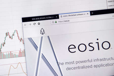 MONTREAL, CANADA - JUNE 20, 2018: Eos crypto currency home page. Cryptocurrency is a digital currency in which encryption techniques are used to generate and transfer funds. Site - eos.ioのeditorial素材