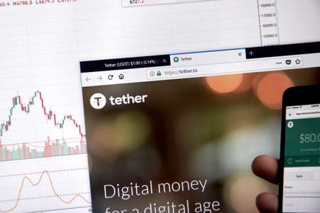 MONTREAL, CANADA - JUNE 20, 2018: Tether crypto currency home page. Cryptocurrency is a digital currency in which encryption techniques are used to generate and transfer funds. Site -tether.toのeditorial素材